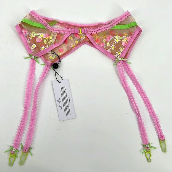 For Love and Lemons Tutti Fruiti Shimmer Pink Green Floral Garter Belt Small NWT - Picture 8 of 8